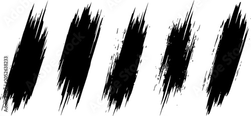 Set of five dark black artistic brush strokes created as a bold modern vector graphic illustration