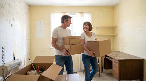 Happy couple carrying cardboard boxes in their new home