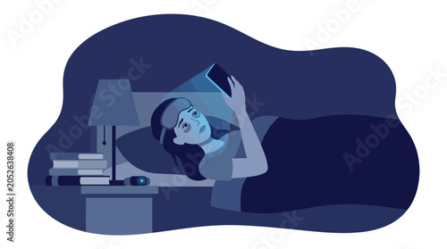 Tired Woman with Insomnia Using Smartphone in Bed at Night