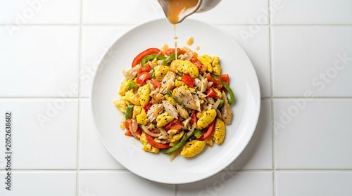 Jamaican Ackee and Saltfish Sautéed on White Plate | Caribbean National Dish Commercial Stock Photo
