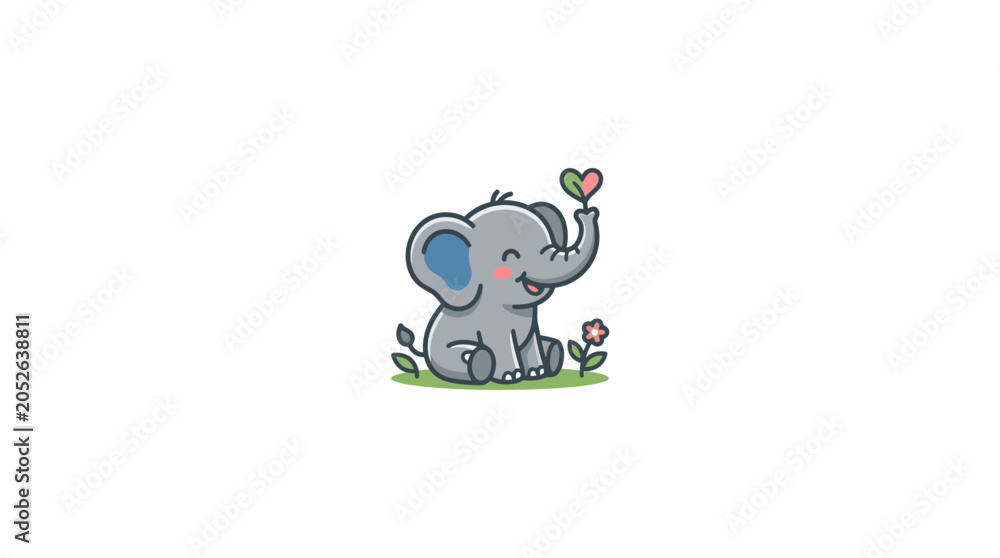 Fototapeta premium Cute Baby Elephant Sitting with Heart and Flower on White Background