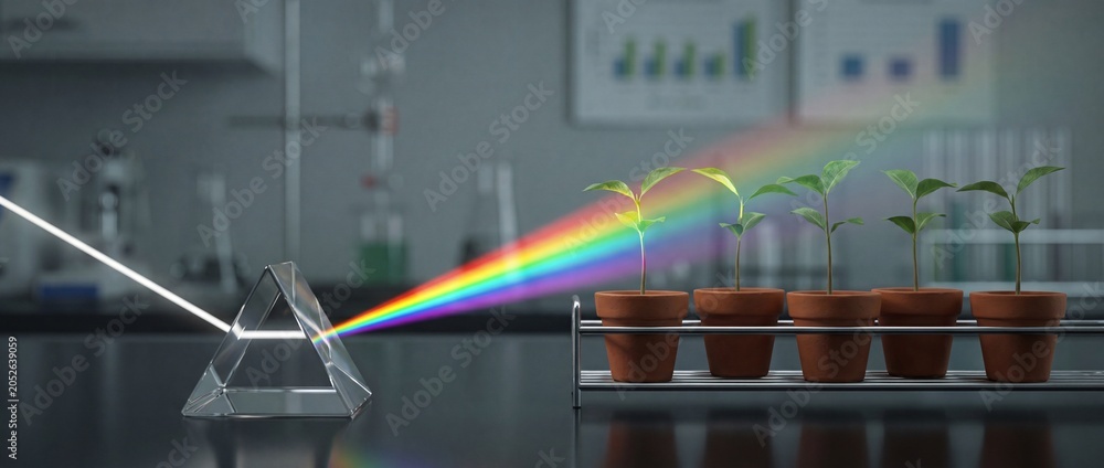 Fototapeta premium Small plants growing in pots on a lab shelf with a prism