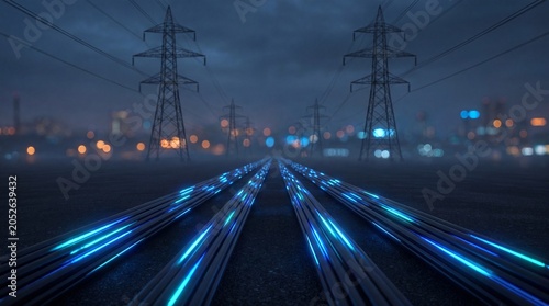 Abstract digital data streaming along glowing cables towards a blurry city skyline under high voltage power pylons in a dark moody night atmosphere