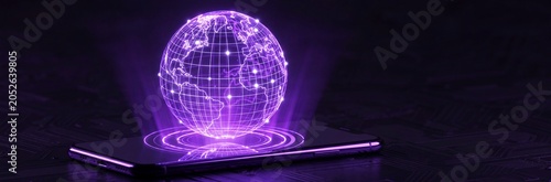 Neon glowing purple digital earth sphere projected from a sleek mobile smartphone device on a dark background showing global communication technology