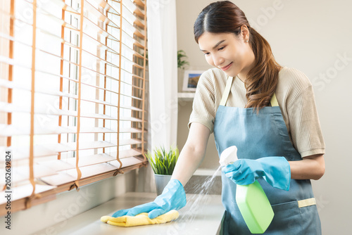 Canvas Print Cleanliness, asian young woman work chore cleaning on cupboard at home, hand wearing glove using wiping cloth remove dust with spray bottle