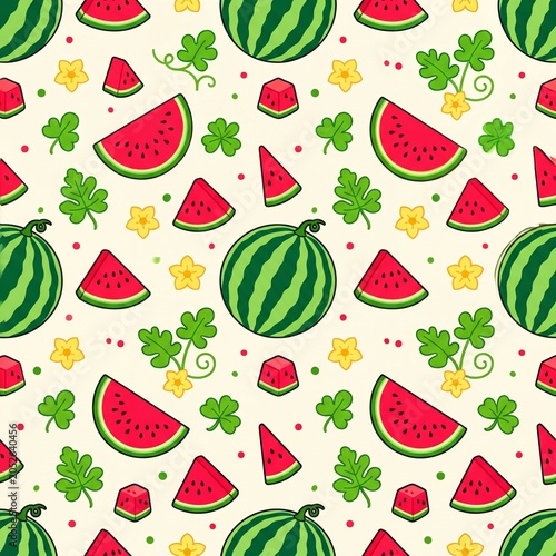 Seamless pattern with cute pixel art watermelons slices and green leaves on a bright beige background for summer stationery and wallpaper decor