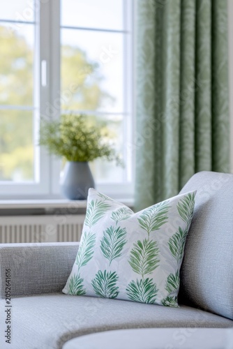 a living room with a grey sofa, green and white curtains with a leaf pattern print on window, modern home decor