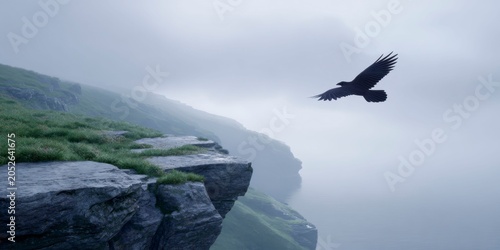 a raven flying, grey sky, misty atmosphere