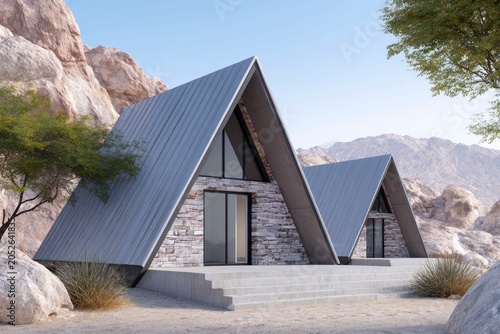 two small, modern cabins with stone walls and metal roofs in the desert