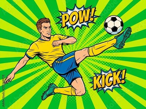 Dynamic soccer player kicking ball in a vibrant comic book art style featuring bright green sunburst background for professional sports advertising