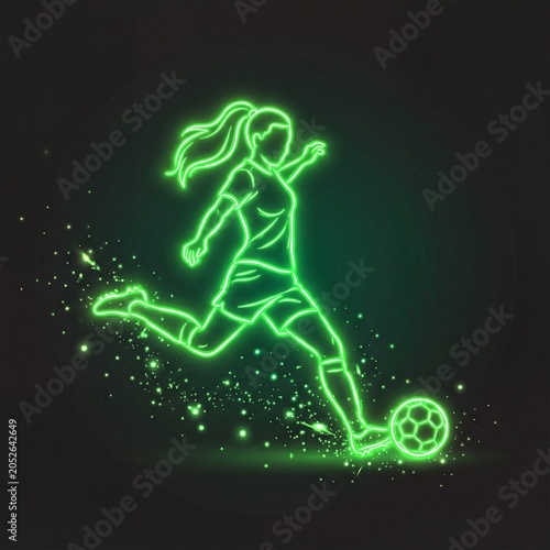 Vibrant Neon Green Glowing Silhouette of a Female Soccer Player Kicking a Ball on a Dark Background with Sparkling Particle Effects and Sports Design