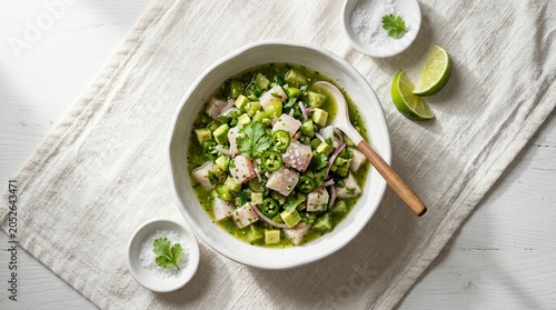 Green Tomatillo and Serrano Ceviche in White Bowl | Mexican Seafood Commercial Stock Photo