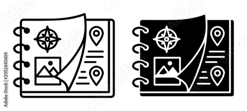 Tableau sur toile Travel Journal Icons: Compass, Map Pins, Photo, Checklist, Two Styles