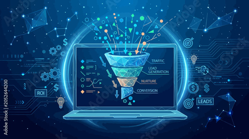 A digital funnel graphic displayed on a laptop screen for business marketing strategy