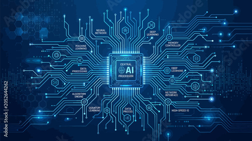 A digital illustration of a central processing unit with complex circuit connections