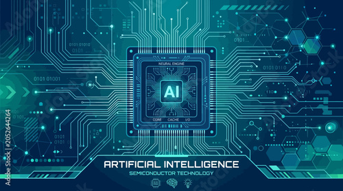 A digital illustration of a central processor unit with complex circuit board lines