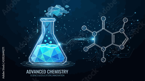A digital illustration of a glowing chemical flask with a molecular structure