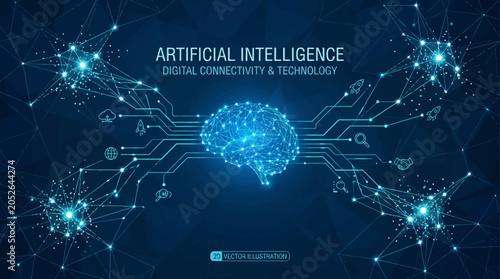 A digital illustration of a glowing brain connected to a global network system