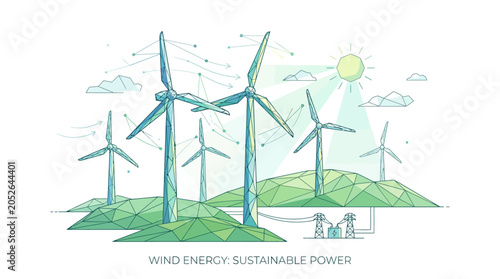 A digital illustration showing wind turbines generating clean energy for the environment