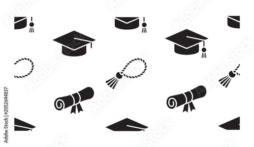 Photos Pattern of graduation caps and diploma scrolls on white background flat black icon design