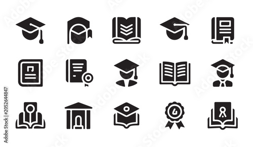 Collection of university and academic icons for education theme featuring books and caps.