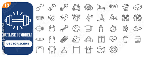 Set of 43 outline icons related to dumbbell. Linear icon collection. Editable stroke. Vector illustration.