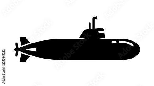 Black silhouette of a modern submarine on a white background.