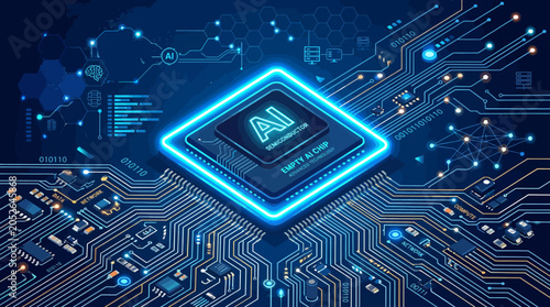 A glowing digital processor chip sits on a complex blue circuit board background