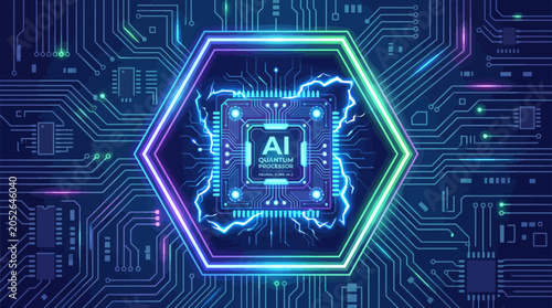 A glowing digital processor chip sits on a complex circuit board background