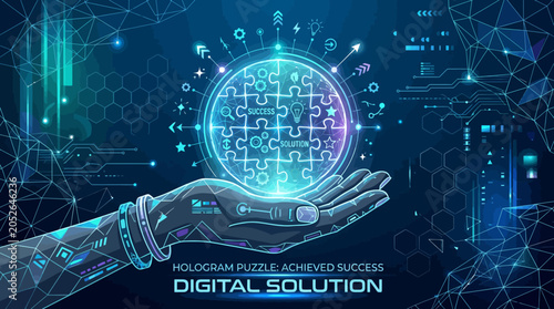 A robotic hand holding a glowing digital puzzle representing a business solution