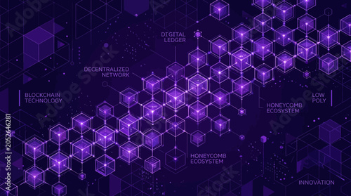 Abstract digital background with glowing purple geometric honeycomb structures