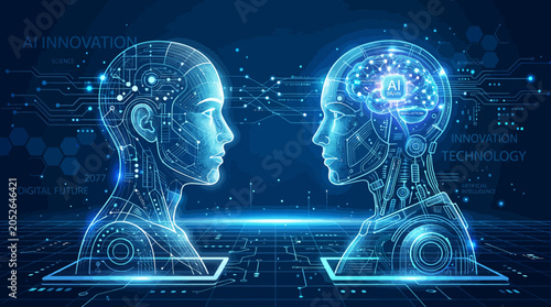 Two digital humanoid heads facing each other in a futuristic network environment