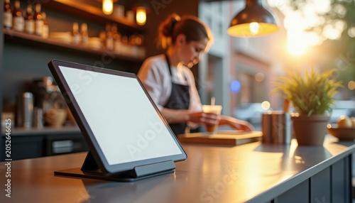 Modern cafe cashier counter with digital payment terminal and barista