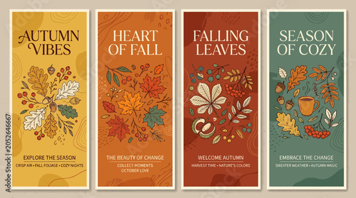 A set of four vertical banners featuring seasonal autumn foliage and warm colors