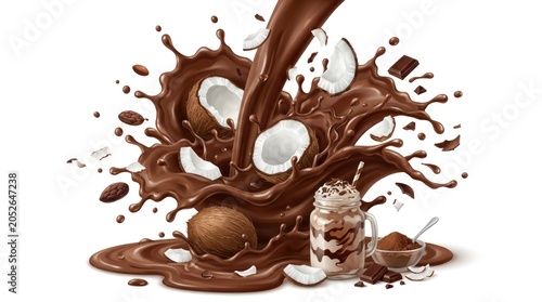 A dynamic scene of chocolate being poured into a jar filled with marshmallows and cocoa powder, splashing around in a white backdrop, evoking a sense of indulgence and sweetness.
