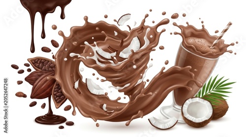 A dynamic illustration of a chocolate milkshake splashing into a glass, accompanied by scattered coconut seeds and a fresh coconut.