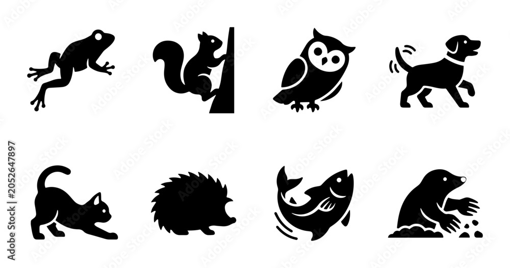 Obraz premium Set of 8 Black Silhouette Animal Icons: Frog, Squirrel, Owl, Dog, Cat, Hedgehog, Fish, Mole