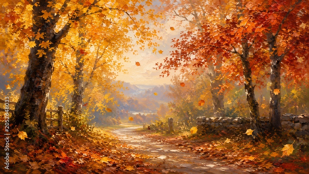 Fototapeta premium Sunlit Autumn Forest Path with Orange Leaves and Golden Mist