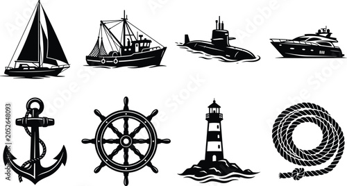 Maritime and nautical icons set with sailboat fishing vessel submarine yacht anchor lighthouse and rope