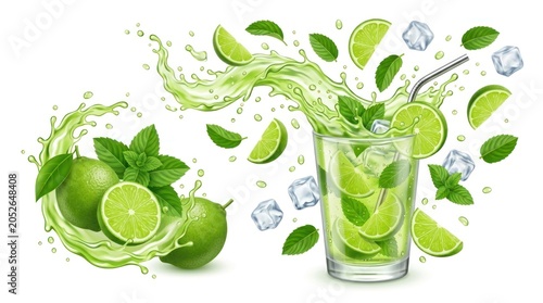 A vibrant glass filled with lime juice, ice cubes, and lime slices.