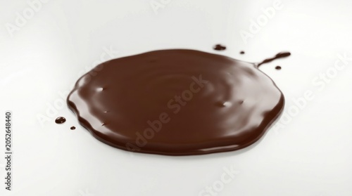 A pool of melted chocolate on a pristine white surface, evoking a sense of indulgence and sweetness, with droplets scattered around it.
