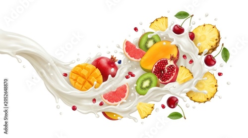 A vibrant scene of fresh fruits splashing in a milk stream.