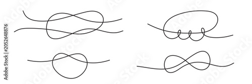 Set of line art simple knots and bow of ropes with loops. Vector illustration