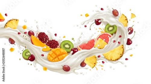 A vibrant scene of fresh fruits splashing in a milk stream.