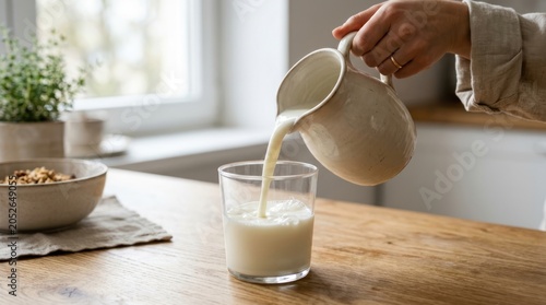 A hand is pouring milk into a glass on a wooden table.