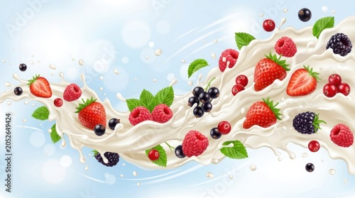 A dynamic scene of milk splashing with strawberries and blackberries, evoking a sense of freshness  