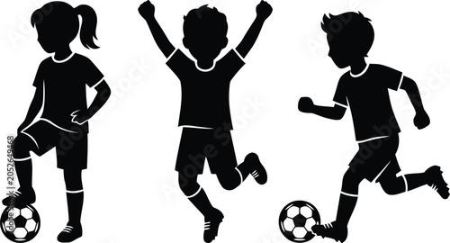 Canvas Print Youth soccer players silhouette girl dribbling boy celebrating and player runnin