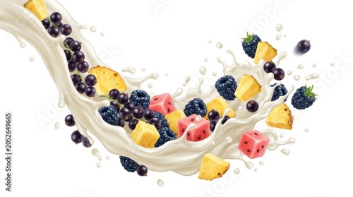 A vibrant scene of milk splashing over a variety of colorful fruits, including blackberries, 