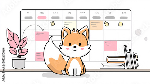 Cute Cartoon Fox Sitting by a Weekly Planner and Desk with Plants and Books