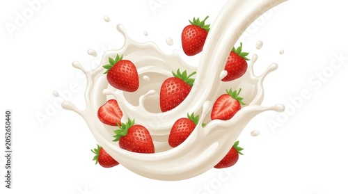 A vibrant scene of milk splashing over a cluster of strawberries, evoking a sense of freshness and indulgence.